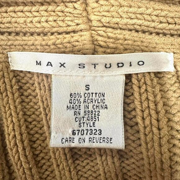 MAX STUDIO Tan Cable Knit Tie Front Cardigan Tassels Womens S Pockets Cabin Soft - Picture 5 of 5